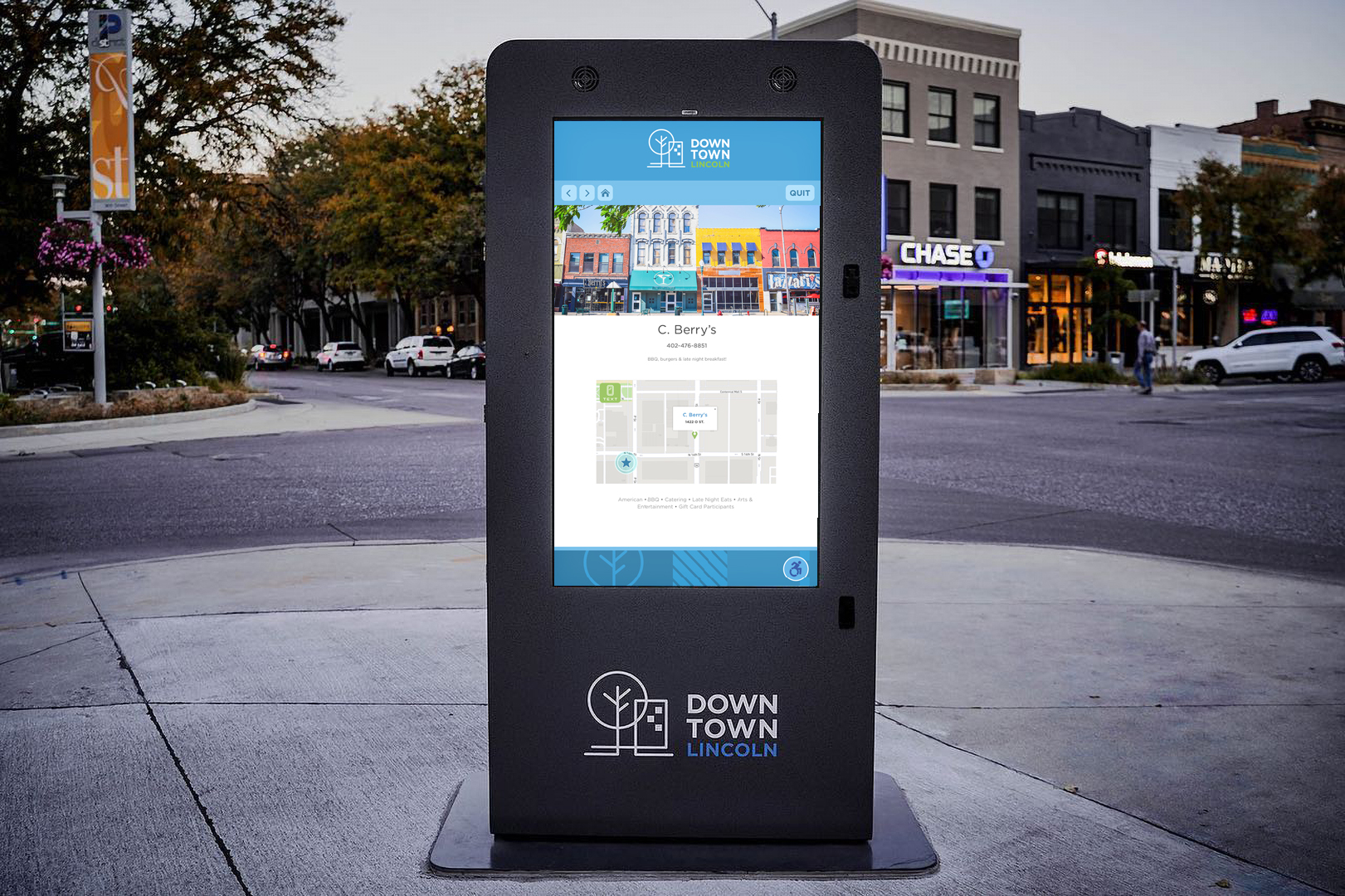 Kiosk screen in downtown Lincoln, NE showing the details of and map directions to C. Berry's.